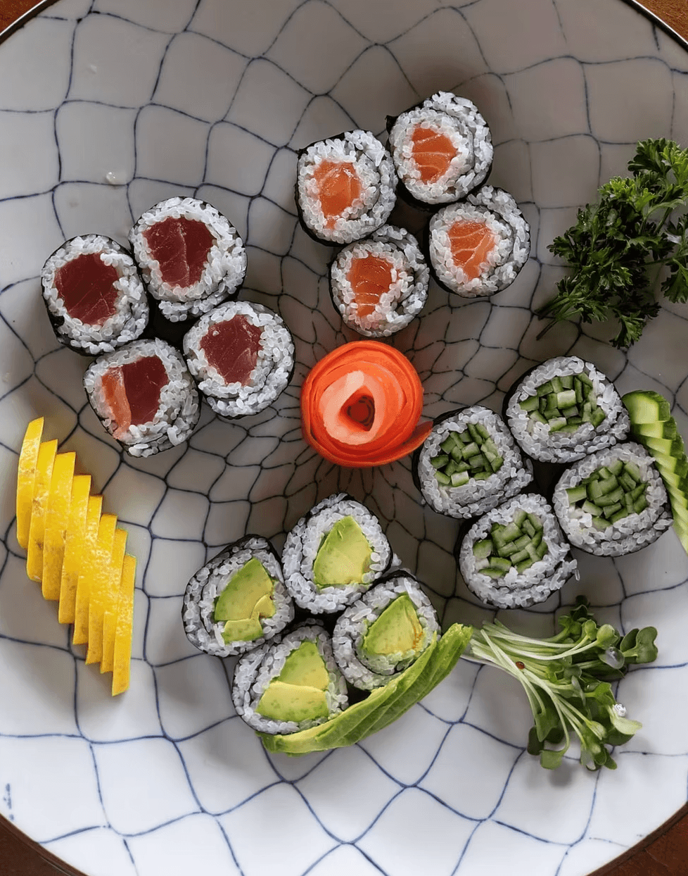 Fresh maki platter — tuna, salmon, avocado & cucumber rolls